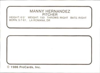 1986 ProCards Tucson Toros #7 Manny Hernandez Back