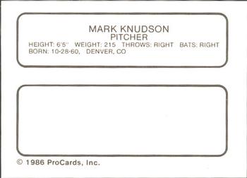 1986 ProCards Tucson Toros #10 Mark Knudson Back
