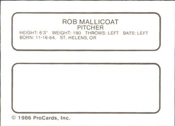 1986 ProCards Tucson Toros #11 Rob Mallicoat Back