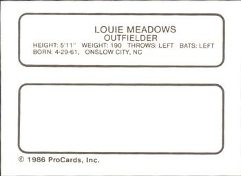 1986 ProCards Tucson Toros #13 Louie Meadows Back
