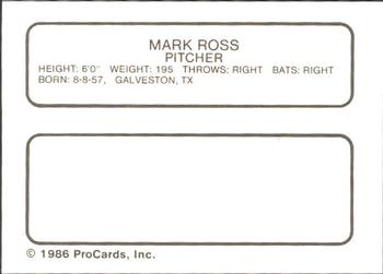 1986 ProCards Tucson Toros #20 Mark Ross Back
