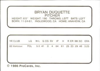 1986 ProCards Vancouver Canadians #11 Bryan Duquette Back