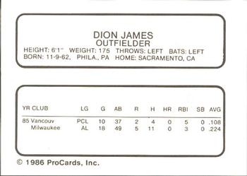 1986 ProCards Vancouver Canadians #13 Dion James Back