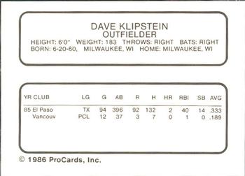 1986 ProCards Vancouver Canadians #16 Dave Klipstein Back