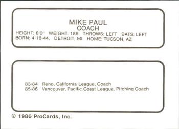 1986 ProCards Vancouver Canadians #21 Mike Paul Back