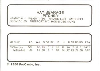 1986 ProCards Vancouver Canadians #23 Ray Searage Back