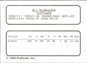 1986 ProCards Vancouver Canadians #24 B.J. Surhoff Back