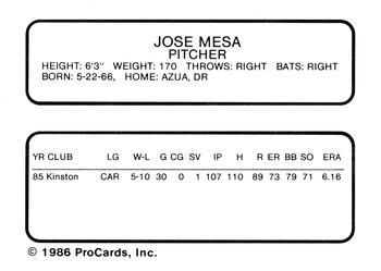 1986 ProCards Ventura Gulls #NNO Jose Mesa Back