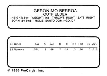 1986 ProCards Ventura Gulls #NNO Geronimo Berroa Back