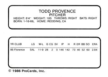 1986 ProCards Ventura Gulls #NNO Todd Provence Back