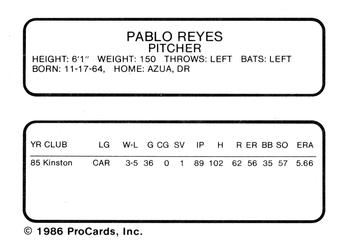 1986 ProCards Ventura Gulls #NNO Pablo Reyes Back