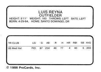 1986 ProCards Ventura Gulls #NNO Luis Reyna Back
