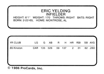 1986 ProCards Ventura Gulls #NNO Eric Yelding Back