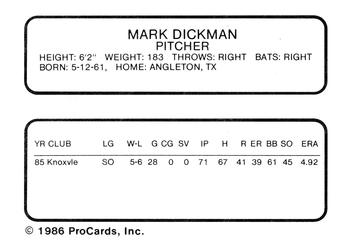 1986 ProCards Ventura Gulls #NNO Mark Dickman Back
