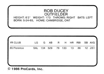 1986 ProCards Ventura Gulls #NNO Rob Ducey Back