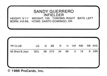 1986 ProCards Ventura Gulls #NNO Sandy Guerrero Back