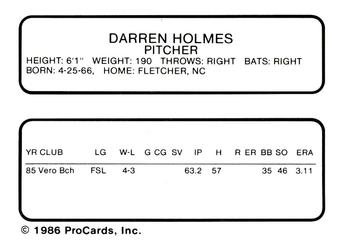 1986 ProCards Vero Beach Dodgers #10 Darren Holmes Back