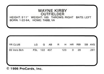 1986 ProCards Vero Beach Dodgers #14 Wayne Kirby Back