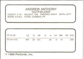 1986 ProCards Vero Beach Dodgers #1 Andy Anthony Back