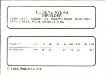 1986 ProCards Vero Beach Dodgers #2 Kevin Ayers Back