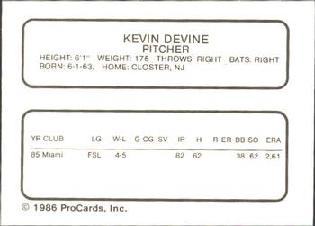 1986 ProCards Vero Beach Dodgers #5 Kevin Devine Back