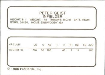 1986 ProCards Vero Beach Dodgers #6 Peter Geist Back