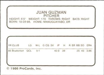 1986 ProCards Vero Beach Dodgers #8 Juan Guzman Back
