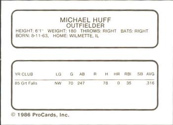 1986 ProCards Vero Beach Dodgers #11 Michael Huff Back