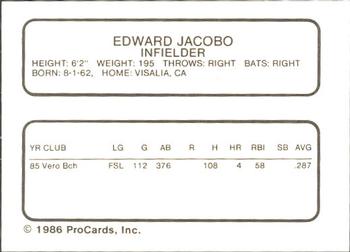 1986 ProCards Vero Beach Dodgers #12 Ed Jacobo Back