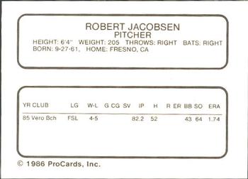 1986 ProCards Vero Beach Dodgers #13 Robert Jacobsen Back