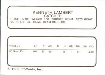 1986 ProCards Vero Beach Dodgers #15 Ken Lambert Back