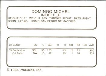 1986 ProCards Vero Beach Dodgers #18 Domingo Michel Back