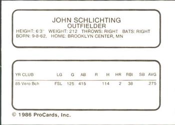 1986 ProCards Vero Beach Dodgers #21 John Schlichting Back