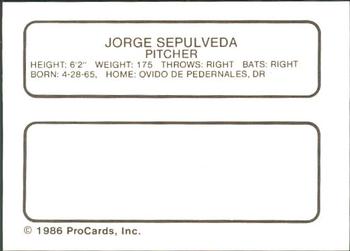 1986 ProCards Vero Beach Dodgers #22 Jorge Sepulveda Back