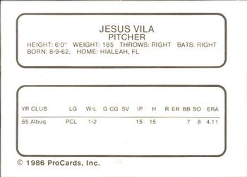 1986 ProCards Vero Beach Dodgers #26 Jesus Vila Back