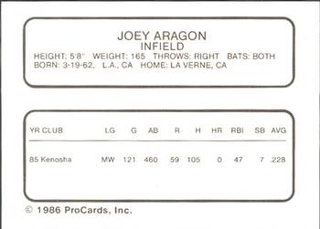 1986 ProCards Visalia Oaks #2 Joey Aragon Back