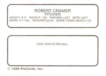 1986 ProCards Visalia Oaks #8 Rob Cramer Back