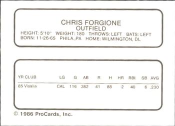 1986 ProCards Visalia Oaks #9 Chris Forgione Back