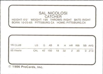 1986 ProCards Visalia Oaks #13 Sal Nicolosi Back