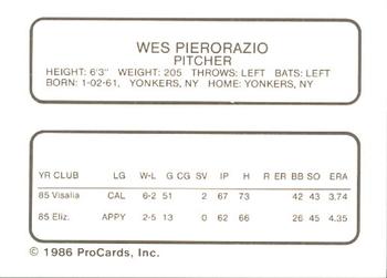 1986 ProCards Visalia Oaks #15 Wes Pierorazio Back