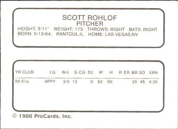 1986 ProCards Visalia Oaks #17 Scott Rohlof Back
