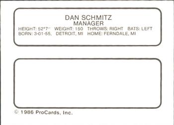 1986 ProCards Visalia Oaks #18 Danny Schmitz Back