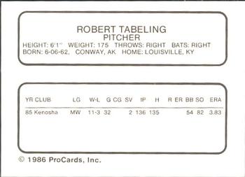 1986 ProCards Visalia Oaks #21 Bob Tabeling Back