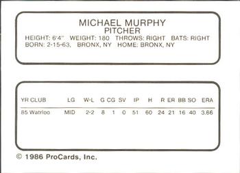 1986 ProCards Waterbury Indians #18 Michael Murphy Back