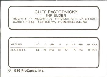 1986 ProCards Waterbury Indians #19 Cliff Pastornicky Back