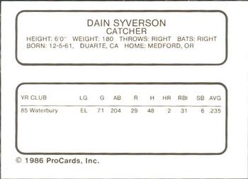 1986 ProCards Waterbury Indians #24 Dain Syverson Back