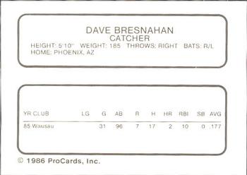 1986 ProCards Waterloo Indians #4 Dave Bresnahan Back