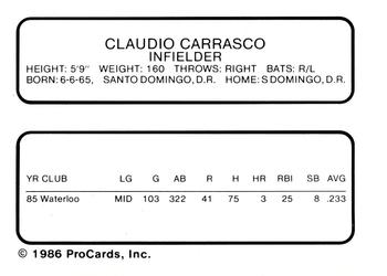 1986 ProCards Waterloo Indians #5 Claudio Carrasco Back