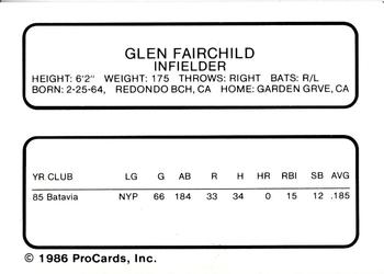 1986 ProCards Waterloo Indians #6 Glen Fairchild Back