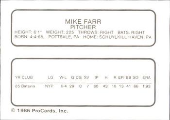 1986 ProCards Waterloo Indians #7 Mike Farr Back